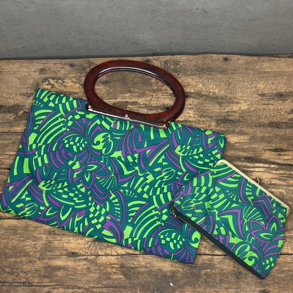Vintage Ladyspride Psychedelic Print Tote Bag Lucite Handle Matching Pouch Set
